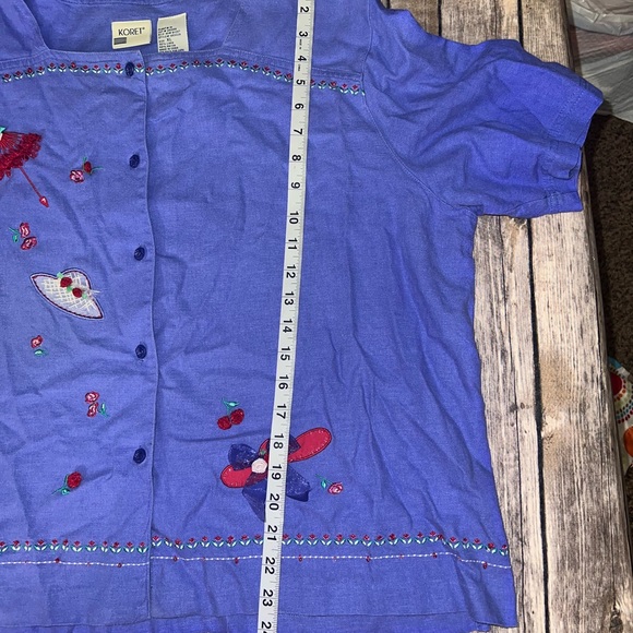 Vintage Koret purple embroidered button front linen blend top, size XL - Picture 7 of 8